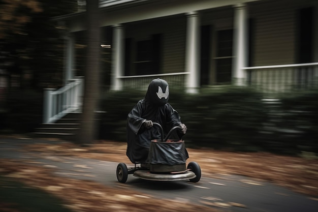 Surrealistische persoon in een Halloween kostuum die op een fiets rijdt