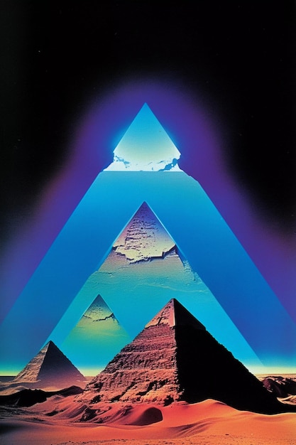 Surrealistische piramides in een woestijnlandschap vinatge poster illustratie AI gegenereerd