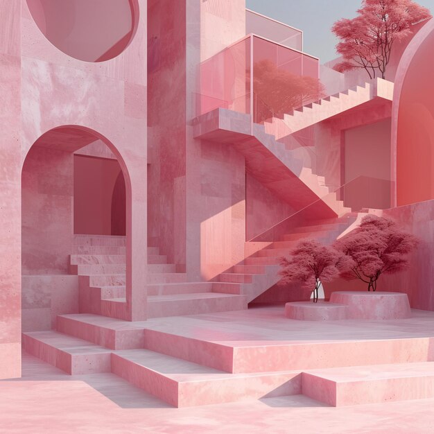 Foto surrealistische roze architectuur in een droomwereld