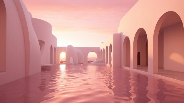 Surrealistische roze zonsondergang die zich reflecteert op het water tussen gewelfde witte gebouwen
