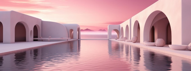 Surrealistische roze zonsondergang reflecteert op het water tussen gewelfde witte gebouwen