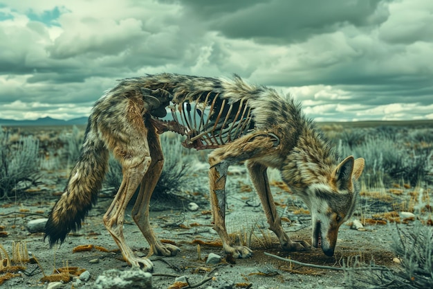 Foto surrealistische scène van een verhongerde wolf in een verlaten landschap met blootgestelde ribben conceptueel kunstwerk