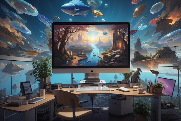 Surrealistische schermen waar fantasie de digitale werkruimte ontmoet