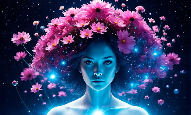 Surrealistische vrouw met bloemen om haar hoofd tegen een kosmische achtergrond