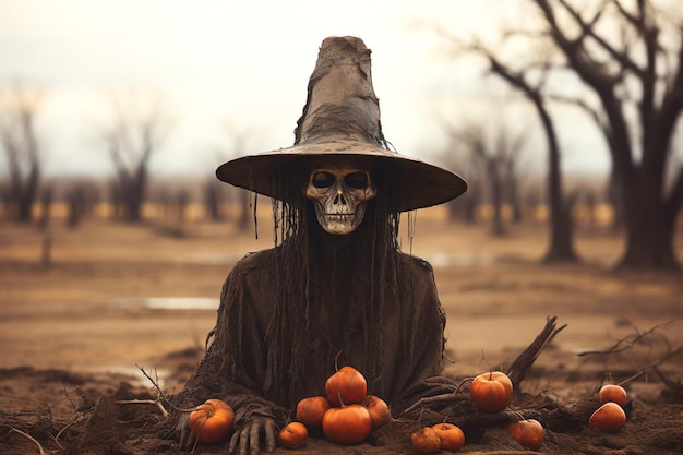 Surrealistische zombie met hoed in abstract pompoenveld Halloween vakantie concept
