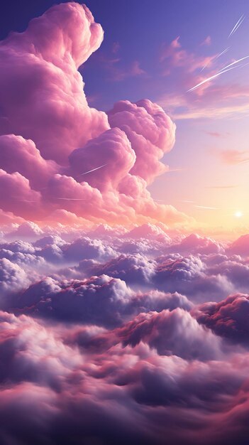 Surrealistische zonsondergang over de bergketen met roze en paarse wolken