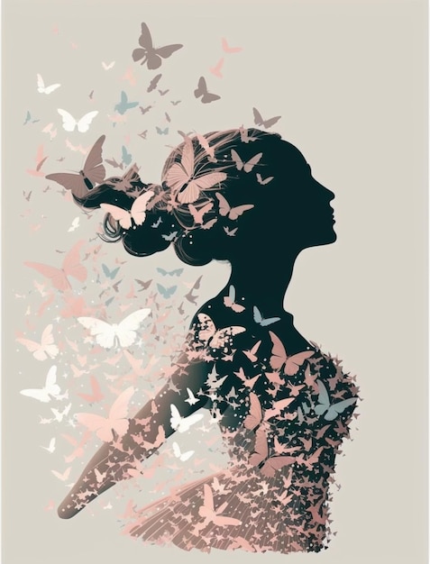 Photo surrounded by butterflies a graceful ballerina in silhouette