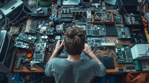 Foto circondato da un caos ma organizzato di parti di computer e componenti elettronici un fiducioso