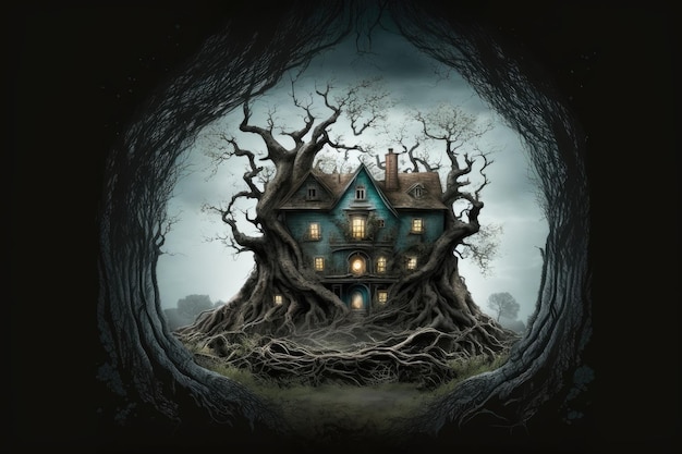 Surrounded by dark scary trees horror house