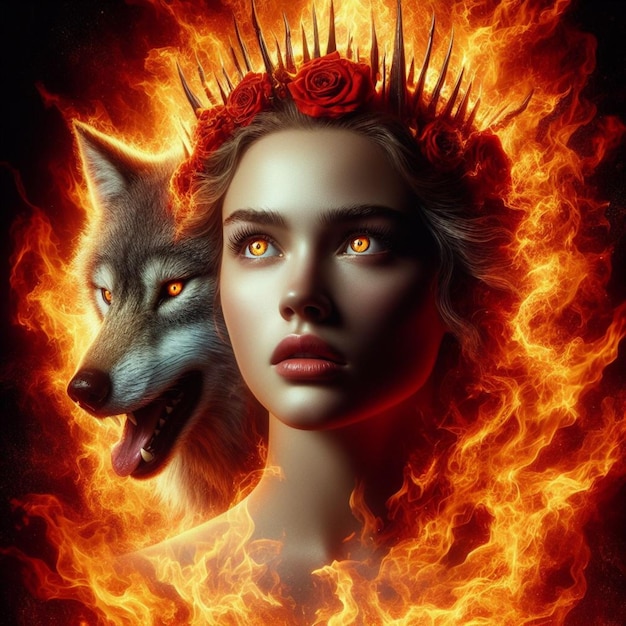 A Surrounded by fire Beauty wolf