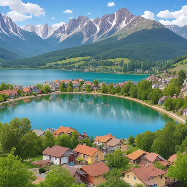 A surrounded by a peaceful lake and a majestic mountain range generated by AI