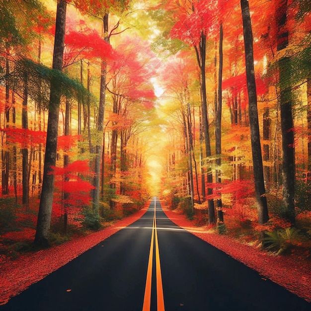 Surrounded by trees with colorful leaves during fall and center road generative ai