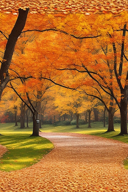 가을 동안 다채로운 잎으로 나무에 둘러싸여