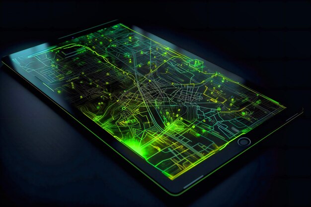 Photo surrounded by a vibrant green and yellow backdrop an advanced tablet showcases detailed diagrams transforming data into actionable intelligence