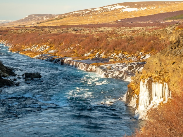 Surrounding view around Hraunfossar waterfall unusual beautiful natural landmark in Iceland