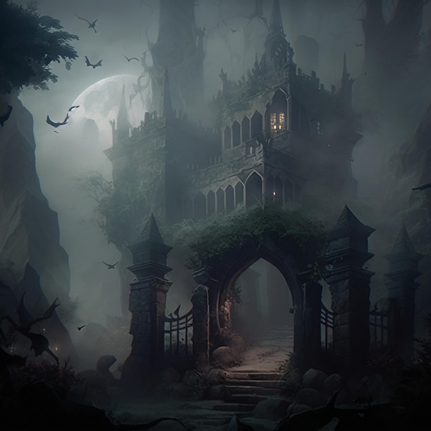 The surroundings of a gloomy Gothic castle in the fog