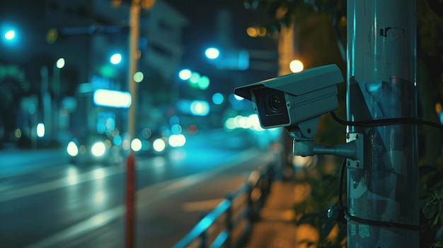 Фото Камера наблюдения и ночная улица на размытом фоне