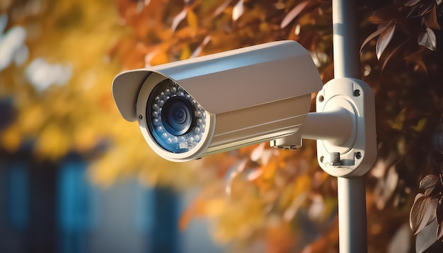 Surveillance camera in the city through the leaves of trees