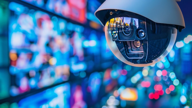 Photo surveillance camera overlooking busy nighttime street