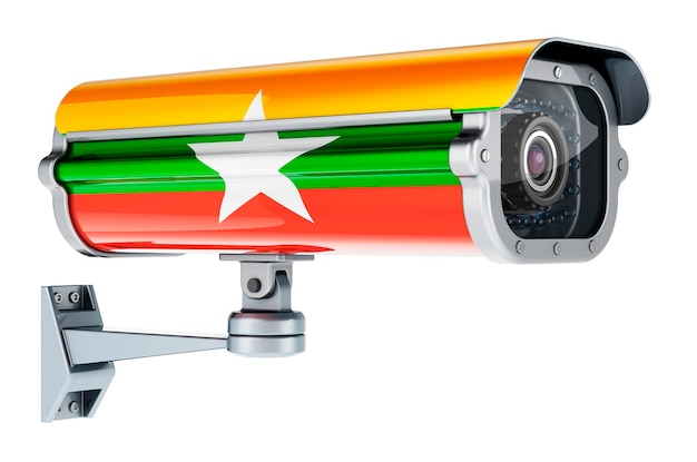 Surveillance camera with Myanmar flag 3D rendering isolated on white background