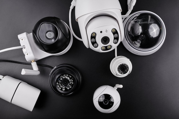 Surveillance cameras set of different videcam cctv cameras isolated on black background close up home security system concept