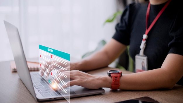 설문 조사 양식 개념 체크리스트에 체크 표시 및 온라인 양식 작성 또는 질문에 답하기 고객 경험 및 만족도 개념