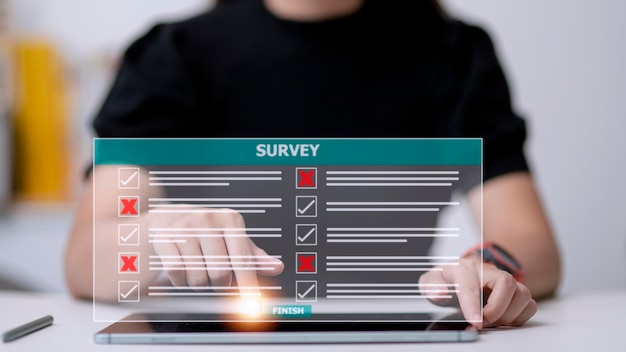 Survey form concept check marks on checklist and filling online
form or answering questions customer experiences and satisfaction
concept