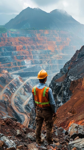 Surveying the copper mine man in hard hat oversees operations at open pit ensuring safety and efficiency in resource extraction