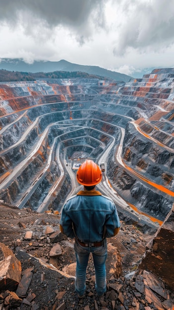 Surveying the copper mine man in hard hat oversees operations at open pit ensuring safety and efficiency in resource extraction