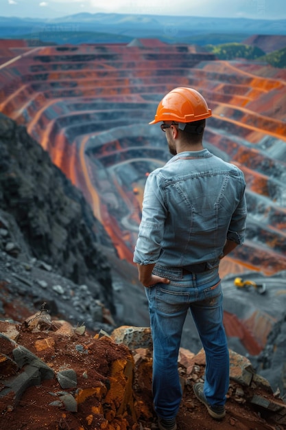 Исследование медной шахты Человек в жесткой шляпе контролирует операции в открытой шахте, обеспечивая безопасность и эффективность в добыче ресурсов