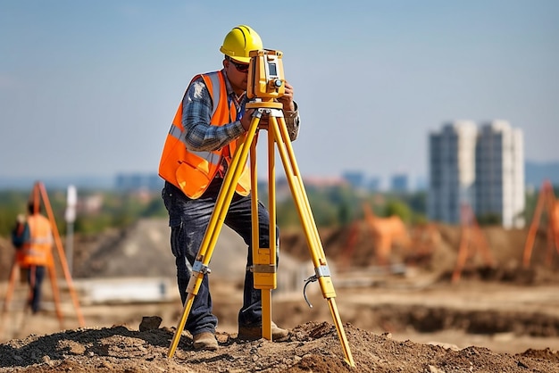 Foto ingegnere costruttore topografo con attrezzature di transito teodolite sul cantiere