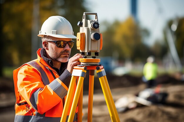 Foto ingegnere costruttore topografo con attrezzature di transito teodolite sul cantiere