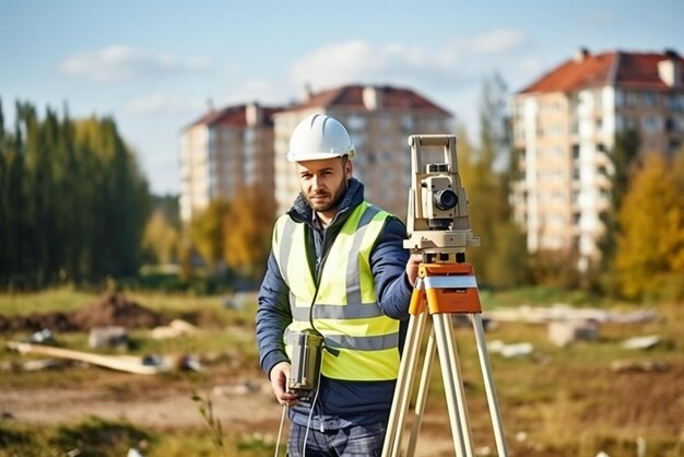 Photo surveyor builder engineer with theodolite transit equipment at construction site