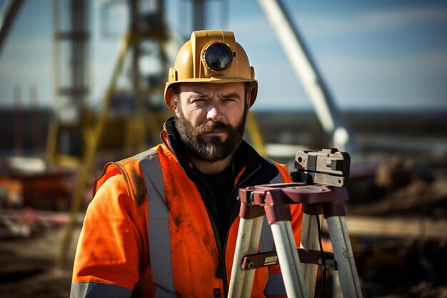 Photo surveyor builder engineer with theodolite transit equipment at construction site