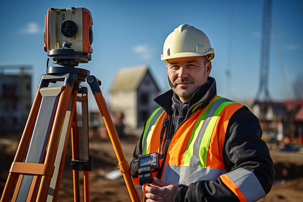 Foto ingegnere costruttore geometra con attrezzature di transito teodolite sul cantiere