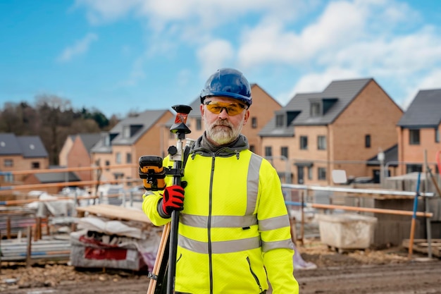 Surveyor builder site engineer with theodolite at construction site outdoors during surveying work