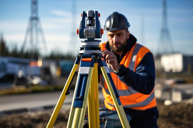 Surveyor engineer is measuring level on construction site Surveyors ensure precise measurements before undertaking large construction projects