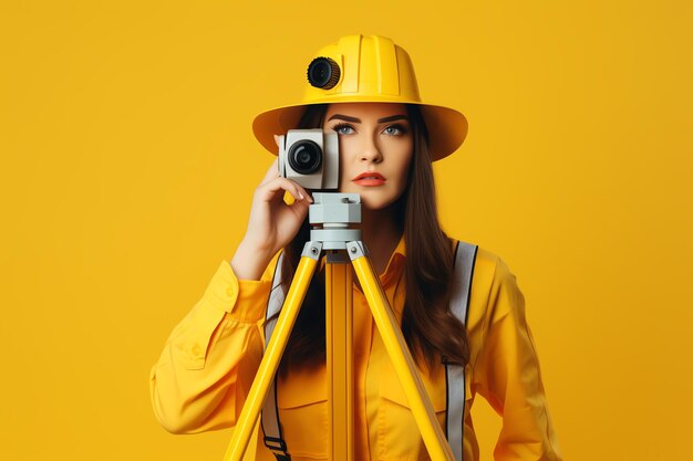 Surveyor with copy space on yellow background