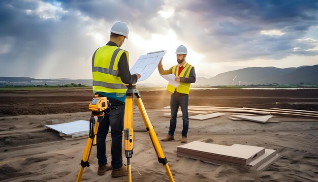 Surveyors measuring and marking the site for construction