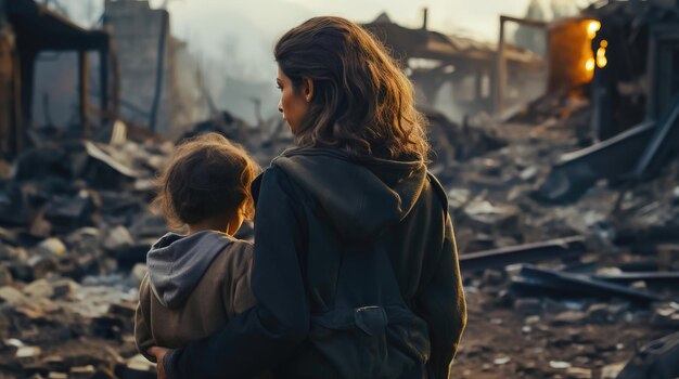 Surviving Adversity Woman and Child Amidst WarTorn Ruins