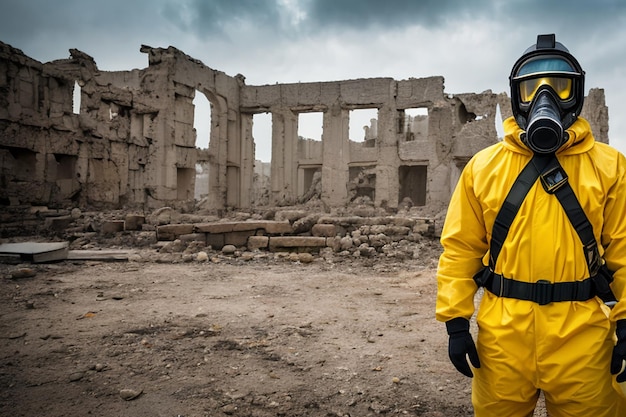 Surviving amidst Ruins Capturing the Resilience of a Man in Radiation Suit postNuclear Attack