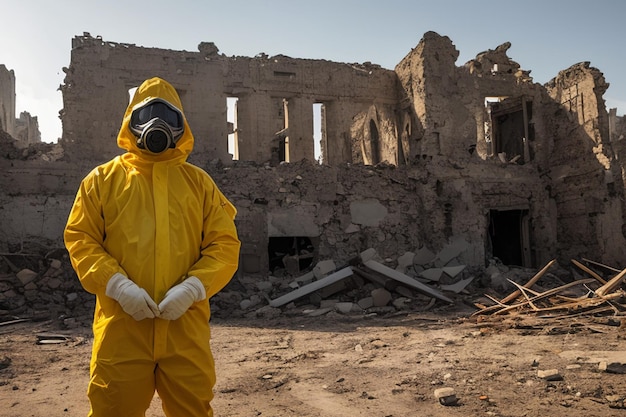 Surviving amidst Ruins Capturing the Resilience of a Man in Radiation Suit postNuclear Attack