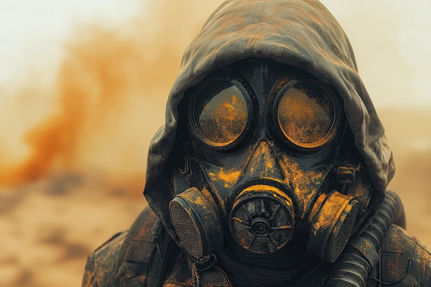 surviving male warrior in gas mask in desert in postapocalyptic world of future after apocalypse of nuclear war