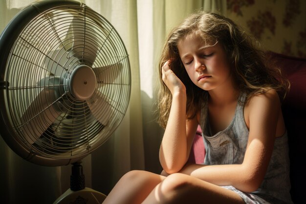 Foto surviving the scorch foto vangt uitgeputte vrouw die troost vindt in de slaapkamer te midden van een hittegolf