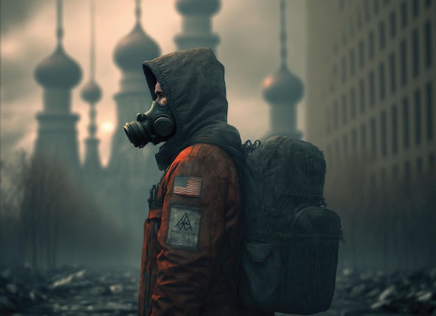 Survivor stalker in a destroyed postapocalyptic Moscow