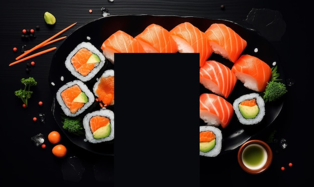 Foto sushi advertising background for social media post japanese sushi roll with salmons generative ai