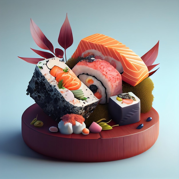 Расположение суши Различные виды японских суши 3d визуализация