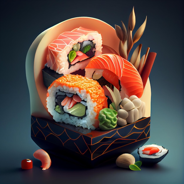 Sushi arrangement Different types of Japanese sushi 3d render