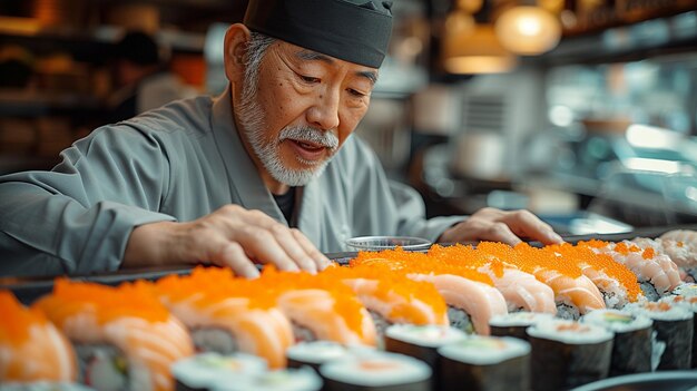 Суши-искусство раскрыто Свидетель мастера-кухара, умело изготавливающего суши-роллы в захватывающем образе