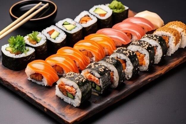 Sushi assortment with black sesame Menu Top view